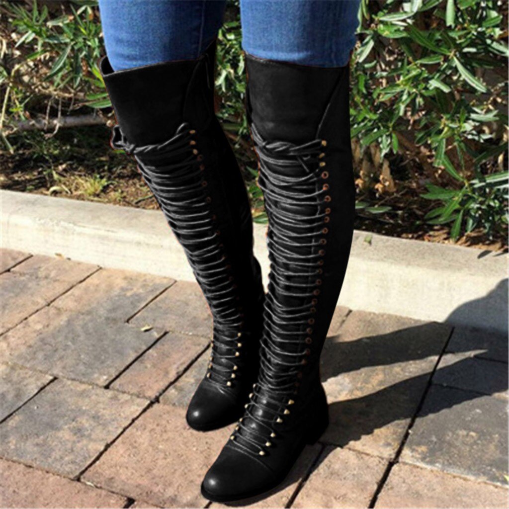 Fashion Lace Up Leather Female Over the Knee Boots