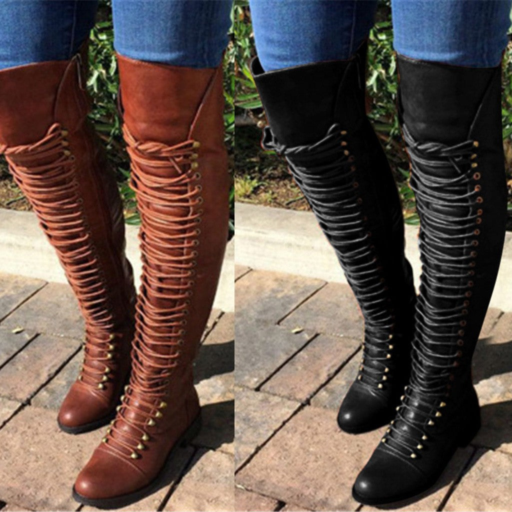 Fashion Lace Up Leather Female Over the Knee Boots