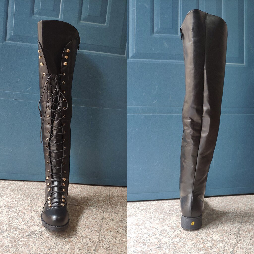Fashion Lace Up Leather Female Over the Knee Boots