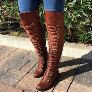 Fashion Lace Up Leather Female Over the Knee Boots