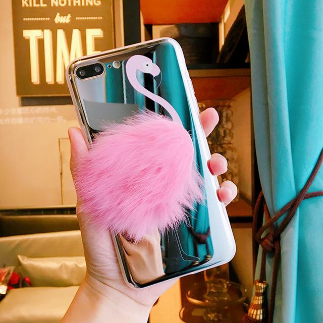 3D Pink Flamingo Plush Luxury Mirror Rabbit Hair Soft TPU Silicon Case For iPhone